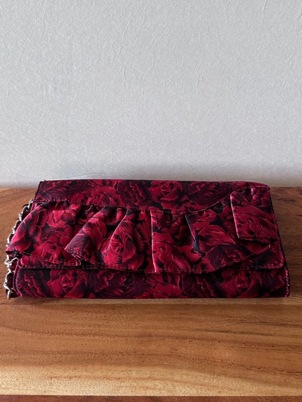 White House Black Market Satin Floral Ruffle Clutch Bag in Deep Red